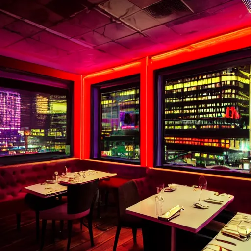 Image similar to wide angle photo of 60‘s retro fancy restaurant interior, neon-decorated urban on night in the city seen through the window,modern interior design, architectural design, vintage, night blade runner, dark, postapocalyptic, clean lines, 4k, octane, colorful ,lunarcore city seen at distance outside, big windows,octane, wide angle
