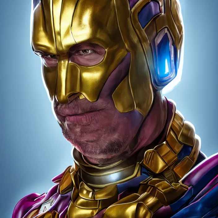 Image similar to portrait of Otto Waalkes, wearing The Infinity Gauntlet. Caricature artwork. trending on artstation, very coherent symmetrical artwork. avengers. thanos. cinematic, hyper realism, high detail, octane render, 8k, iridescent accents