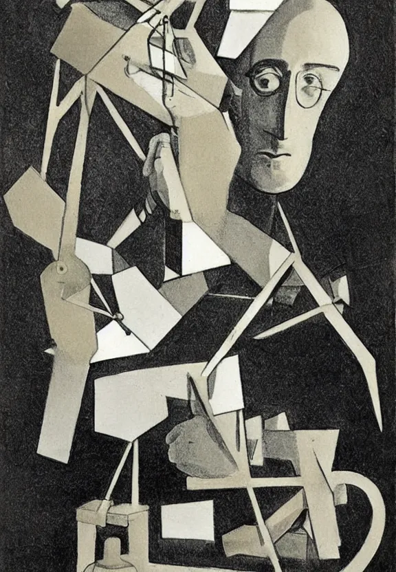 Image similar to a concept drawing of marcel duchamp holding up a chess - piece wire - machine, a surrealist painting by marcel duchamp, complex artificial - intelligence machinery, minimal sketch flow - chart, academic art, 1 9 2 0 s