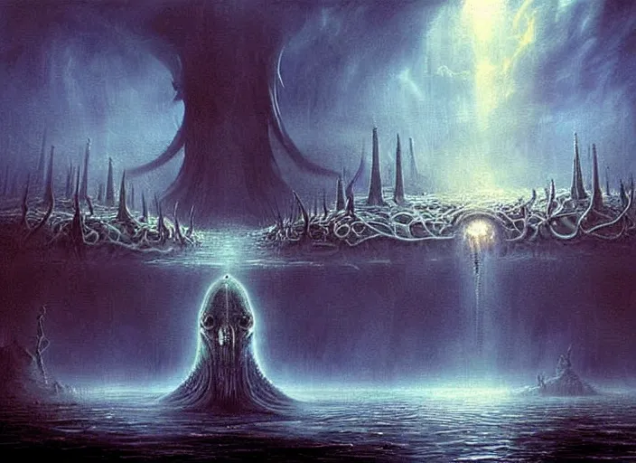 Prompt: underwater hell end of the world among crowd of lot of people, clouds, fire, demons, plants, bridge, buildings, people, serpent, strange creatures walking around, falling from sky, big titan creature in the center, splitting the sky and the ocean and the tall city, by vladimir kush and giger and zdzislaw