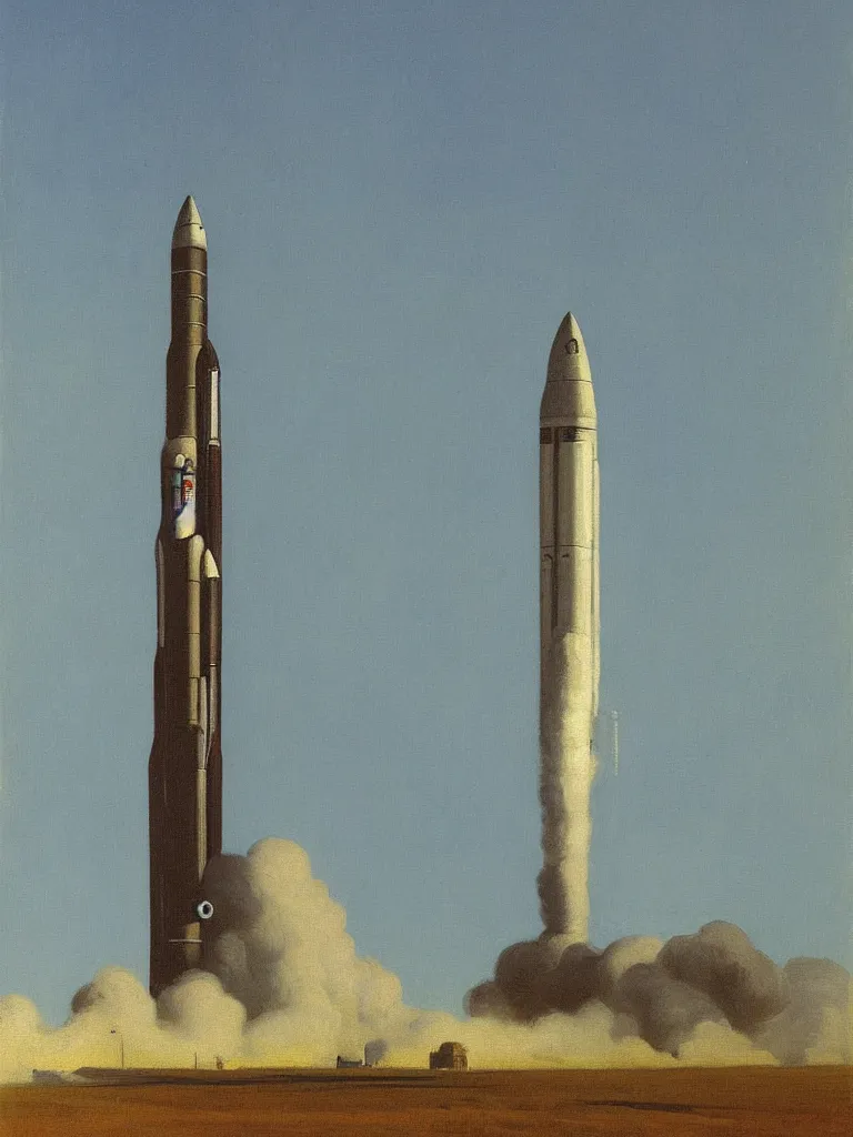 Image similar to a _ painting _ of _ a _ scifi _ rocket _ by _ peter _ ilsted