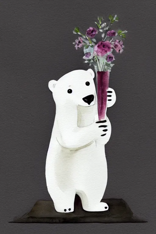 Image similar to a cute anime polar bear holding a porcelain vase, watercolor, white background, lovely