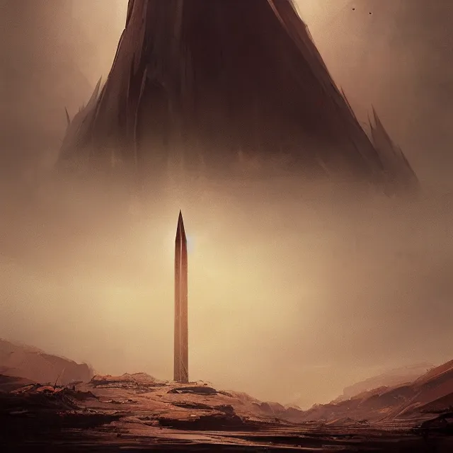 Prompt: a black spire rising up out of a desolate desert, by greg rutkowski, concept art, sci - fi concept art, cinematic lighting, highly detailed artwork, trending on artstation, movie concept art