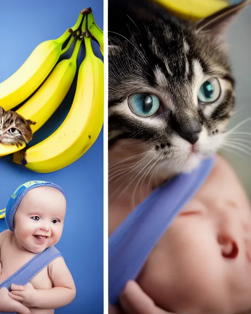 Image similar to banana wearing a cobalt blue vilt hat and wearing a baby sling with a kitten inside, color studio portrait, golden ratio, backlit, happy, detailed eyes