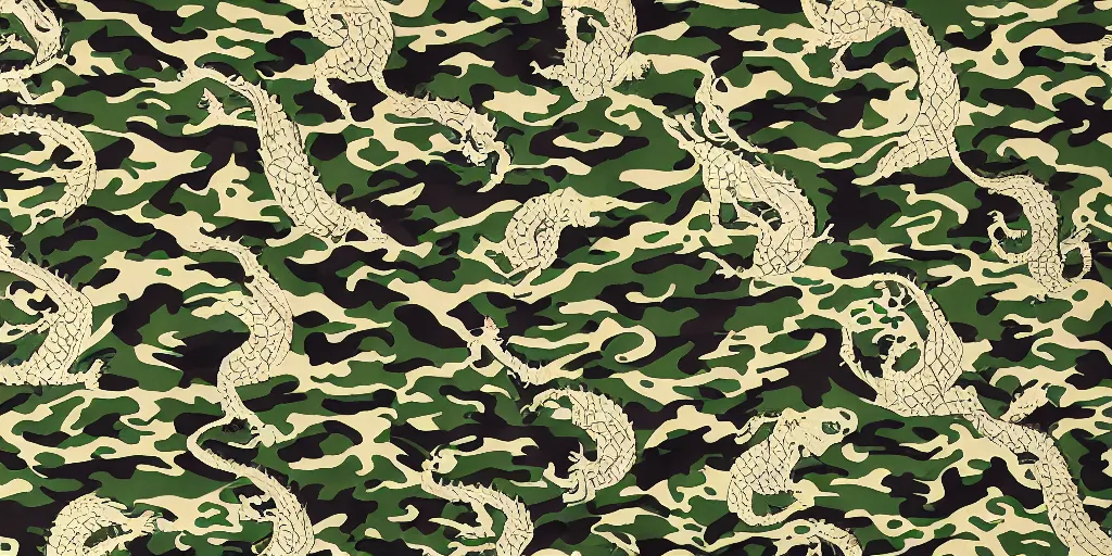 Image similar to detailed camo pattern fabric with dragon illustrations