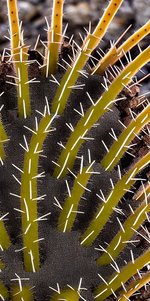 Image similar to professional photo shot of a scutigera cactus made of silica crystal spikes, melted with rocks in the background, microscopic picture, droplets of water, grimy, gritty, trending on artstation, award winning, close shot, by aleks labuda and barry webb