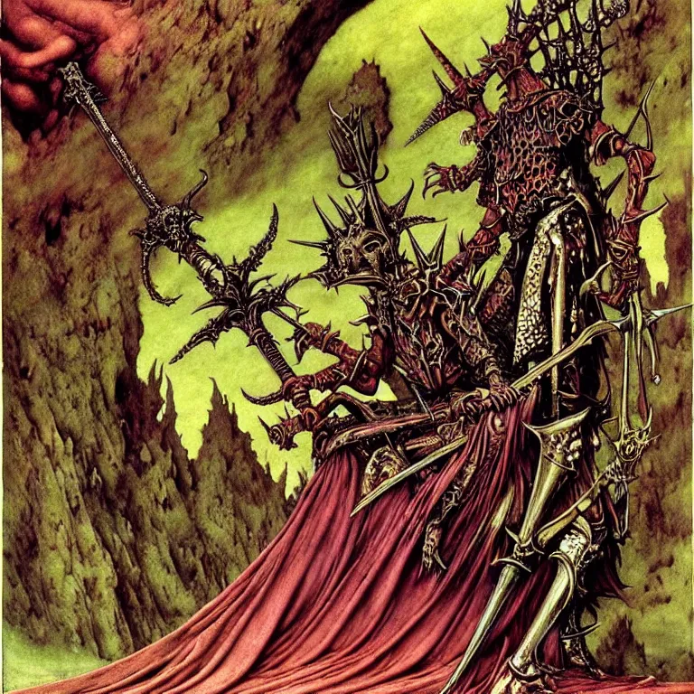 Prompt: A little vibrant. A spiked horned detailed cannabis in a large cavernous throne room with sword in hand. Wearing massive shoulderplates. Extremely high details, realistic, fantasy art, solo, masterpiece, bones, ripped flesh, colorful art by Zdzisław Beksiński, Arthur Rackham, Dariusz Zawadzki, Harry Clarke