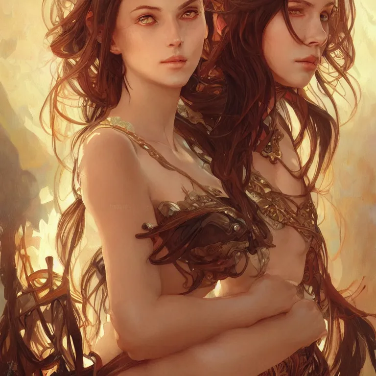 Image similar to portrait of a hot woman, D&D, fantasy, highly detailed, digital painting, artstation, smooth, sharp focus, illustration, art by artgerm and greg rutkowski and alphonse mucha