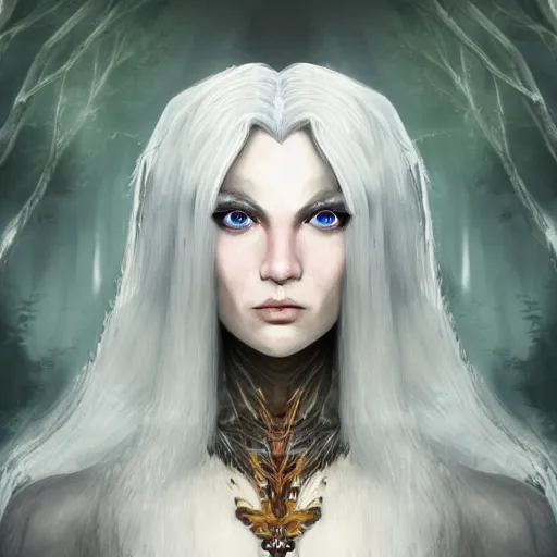 Image similar to a highly detailed portrait of a humanoid fantasy creature with white hair in a fantasy forest concept art