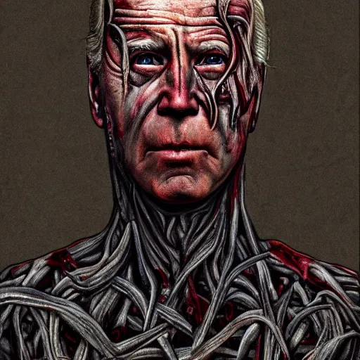 Image similar to biden became bloody ugly lovecraftian degenerate abomination, photo - realistic, color image, 2 k, highly detailed, bodyhorror, occult art, by giger