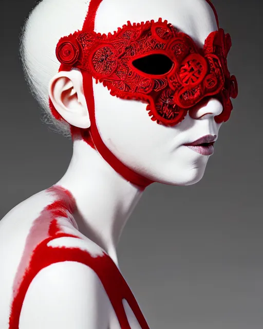 Image similar to symmetrical portrait of a woman wearing a silicone embroidered red beauty mask and white hair buns, wearing a black bodysuit by alexander mcqueen, cream white background, soft diffused light, biotechnology, humanoide robot, bjork aesthetic, translucent, by rineke dijkstra, intricate details, highly detailed, masterpiece,