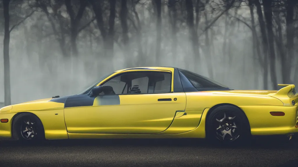 Prompt: a jdm mazda rx - 7, yellow, cinematic, long exposure, white balance, 8 k, led, lumen global illumination, fog, ray tracing reflections