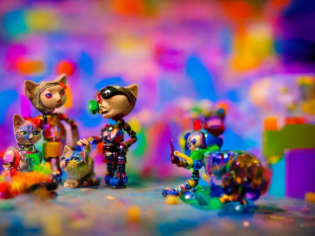 Prompt: a cinematic film still of a claymation stop motion film, a gay mage and his artist boyfriend in a colorful glass universe, making robotic kittens, shallow depth of field, 8 0 mm, f 1. 8