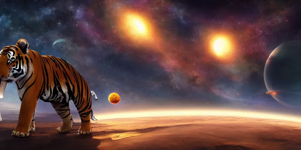 Image similar to planet - sized tiger elephant in space, next to the sun and stars, giant castle, very wide shot, epic composition, hyper detailed, digital art, trending in artstation, cinematic lighting, studio quality, unreal engine 5 rendered, art style by klimt and nixeu and ian sprigger and wlop and krenz cushart