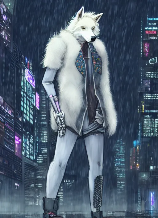 Image similar to character portrait of a male anthro albino wolf fursona with a tail and a cute beautiful attractive detailed furry face wearing stylish cyberpunk clothes in a cyberpunk city at night while it rains. hidari, color page, tankoban, 4K, tone mapping, Akihiko Yoshida.