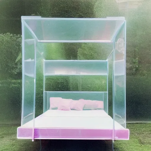 Image similar to a pastel coloured Polaroid photo of a bed made of transparent iridescent perspex stood in a field, beams of light, nostalgic