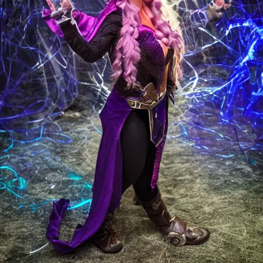 Prompt: high quality photograph of a woman cosplaying as a half-elf sorceress, purple hair, 35 years old, magical chaotic lights dance around her, dark and ominous background