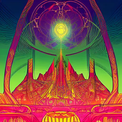 Image similar to mystical psychedelic poster with shaded lighting in the style of andriod jones, radiant light, detailed and complex environment, beautiful, peaceful, utopic astral city in the sky with many buildings and temples reflecting a modern city on the ground with old growth pine trees, overlaid sacred geometry, divine light, with implied lines, gradient of hot pink and neon baby blue