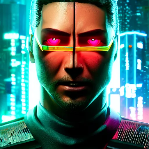 Image similar to jekie chan portrait, Cyberpunk 2077, cyberpsycho, photorealistic, ultra detailed, neon, octane, bokeh, cyber, cyberpunk city, feature, scars, cyberface, 8k