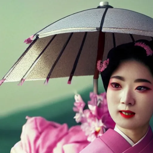 Image similar to rowan atkinson dressed as a traditional korean woman with an umbrella, cinematic shot, dynamic lighting, close up, impressive winning photo, pastel colors