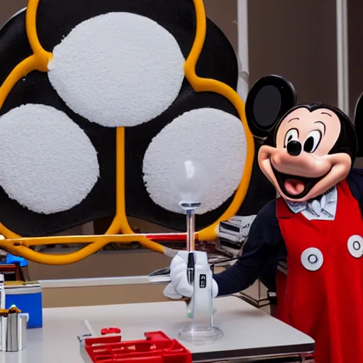 Prompt: scienist building mickey mouse head in red laboratory, 8 k, high detail, detailed, smooth, high quality