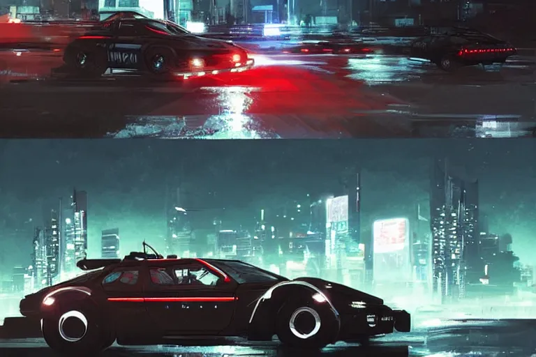 Image similar to akira cyberpunk bmw m 1 police car with lights flashing speeding down highway at high speed at night by greg rutkowski makoto shinkai takashi takeuchi studio ghibli, akihiko yoshida