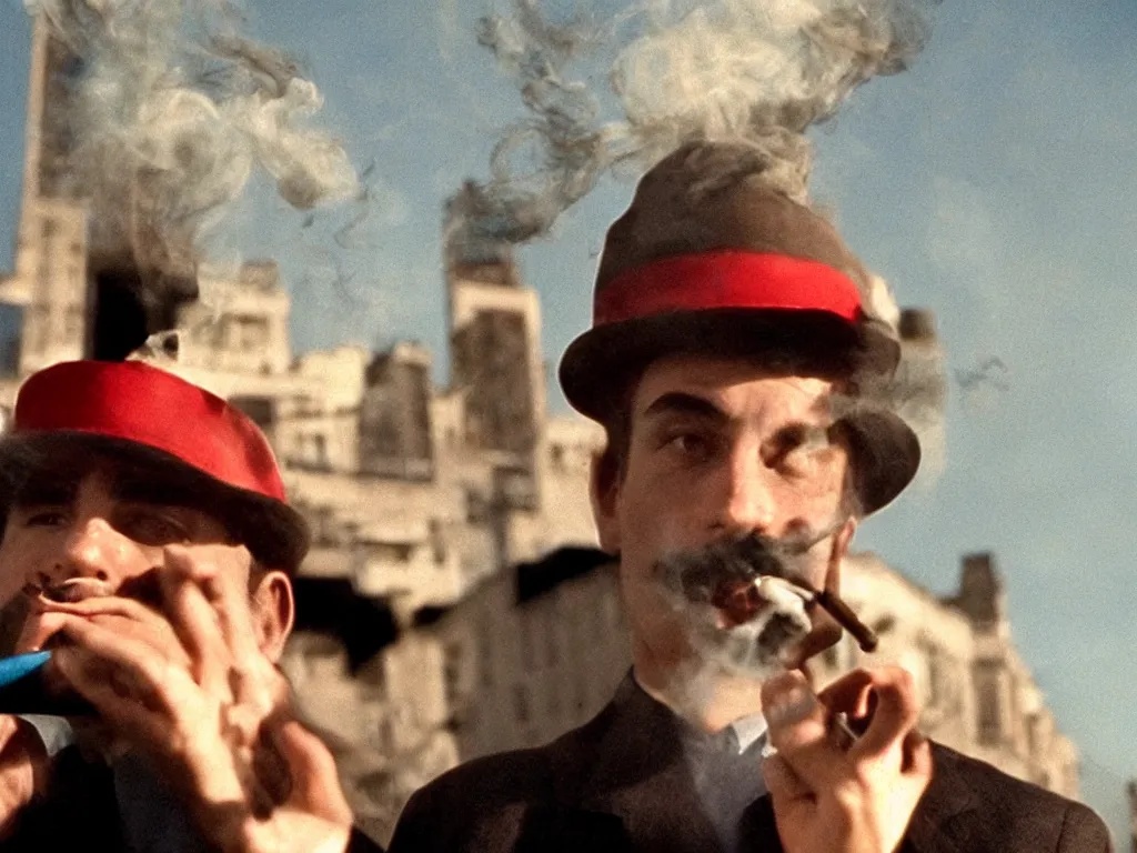 Prompt: Film Still of Mario in a hat smoking a cigarette in Hitchcock's Vertigo film aesthetic!!! color grain 35mm