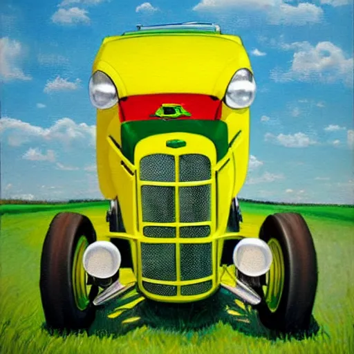 Prompt: hot rod john deere tractor, style of stanley mouse, detailed, lowbrow hot rod art, painting