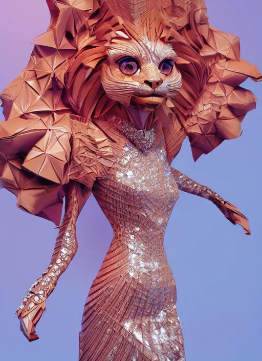 Prompt: a beautiful anthropomorphic lionness woman made out of ceramic and diamonds wearing a flowing salmon colored paper dress, a futuristic subway stop made out of origami, paper origami, many origami orchid flowers, heavenly light, 3 d, very detailed, octane render, trending artstation, artgem