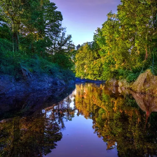 Image similar to river in a forest, golden hour, ray tracing reflection, 8k, hyper realistic, insainly detailed, hdr, octan render,