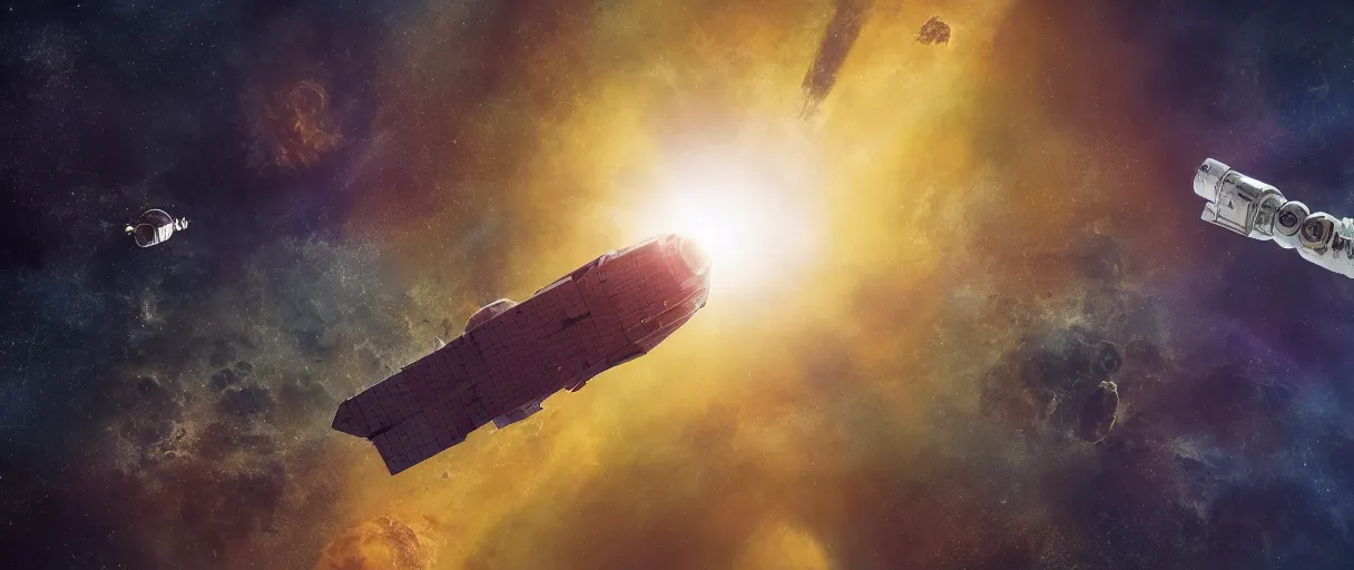 Prompt: illustration, a single small spaceship, nasa, deep space exploration, alone, the expanse tv series, industrial design, battlestar galactica tv series (2004), cinematic lighting, 4k, greebles, widescreen, wide angle, sharp and blocky shapes, rich colors, hyper realistic, hubble photography, beksinski