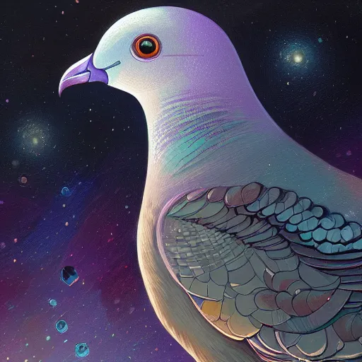 Prompt: close up Portrait of a Pigeon in space, dark fantasy, intricate pigeon, elegant pigeon, highly detailed, digital painting, artstation, concept art, smooth, sharp focus, illustration, art by Sam Youn and Fernanda Suarez and Artem Demura and Alphonse Mucha