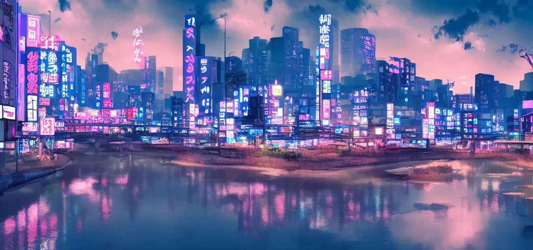 Image similar to very beautiful view of a modern japanese city at night, watery lake with dappled reflections, icy mountains in the background, calm clouds, colorful glow, neon lights, cinematic lighting, ultra detailed, sharp, ambient occlusion, raytracing, by dylan cole, sebastian meyer and jordan grimmer