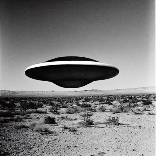 Image similar to president eisenhower aboarding a ufo in the desert, black and white photo