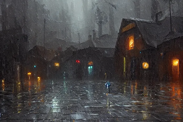 Image similar to alien village raining, oil painting, Greg Rutkowski, digital art, 8k, trending on artstation