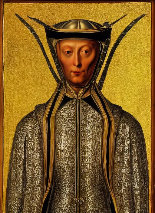 Image similar to a portrait of a shiny metallic renaissance robot, in the style of Jan van Eyck,