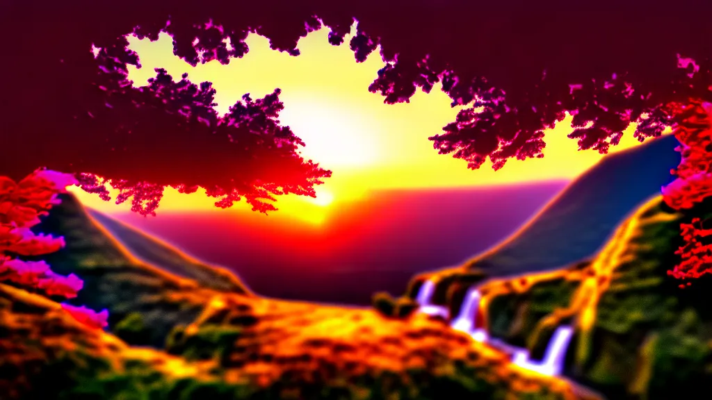 Image similar to featured on artstation cherry tree overlooking valley waterfall sunset beautiful image stylized digital art