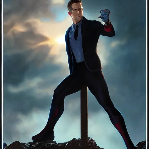 Image similar to ryan reynolds as spider - man, wearing a black and blue suit, cinematic, volumetric lighting, f 8 aperture, cinematic eastman 5 3 8 4 film, photorealistic by greg rutkowski, by stanley artgerm, by alphonse mucha