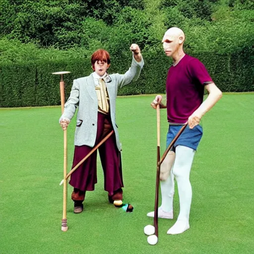 Prompt: Harry Potter and Voldemort play croquet in the garden at hogwarts