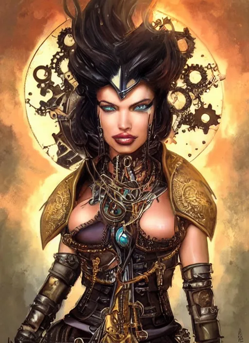 Image similar to front portrait of attractive Adriana Lima as Lady Mechanika with both hands hidden behind her back, Intrincate background with steampunk imagery , D&D!, fantasy style, sharp focus!, ultra detailed, art by Artgerm and Peter Andrew Jones, WLUP