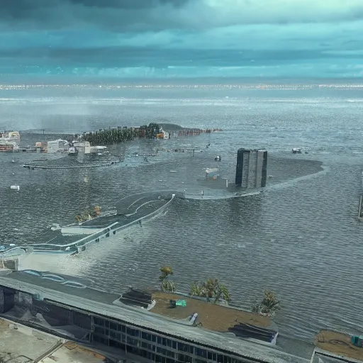 Prompt: san diego under water in 2 0 5 0 + sea level rise, hyper realistic photo, 8 k, unreal engine