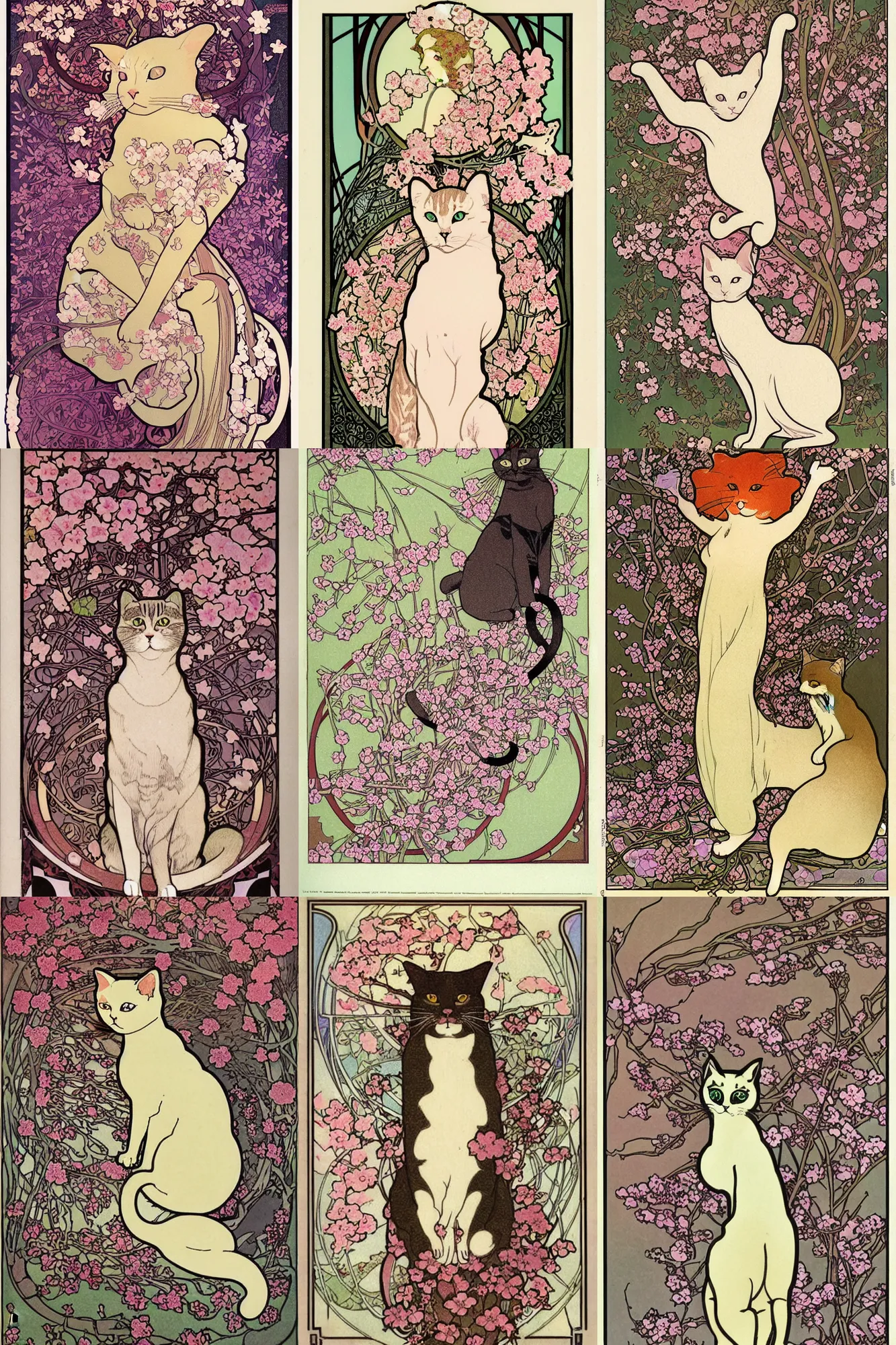 Image similar to illustration of a cat, surrounded by cherry blossom, Art Nouveau by Mucha