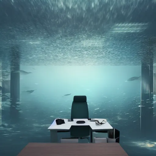 Image similar to photo of an office desk, underwater, cinematic