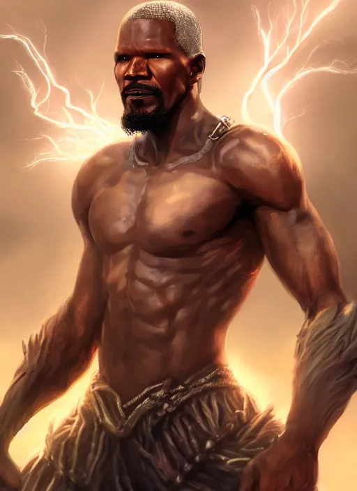 Image similar to a highly detailed illustration of Jamie Foxx as a bearded short fade hair african warrior god of lightning, evil floating pose, moonlit clouds background, muscular, intricate, elegant, highly detailed, centered, digital painting, artstation, concept art, smooth, sharp focus, league of legends concept art, WLOP