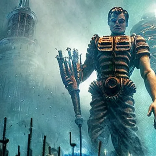 Prompt: movie poster depicting andrew ryan, portrayed by leonardo dicaprio, in a new live - action bioshock movie, the underwater city of rapture is also present, highly detailed face