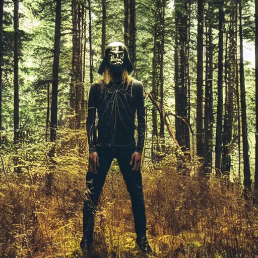 Image similar to picture of Metalhead standing in Dark boreal forest