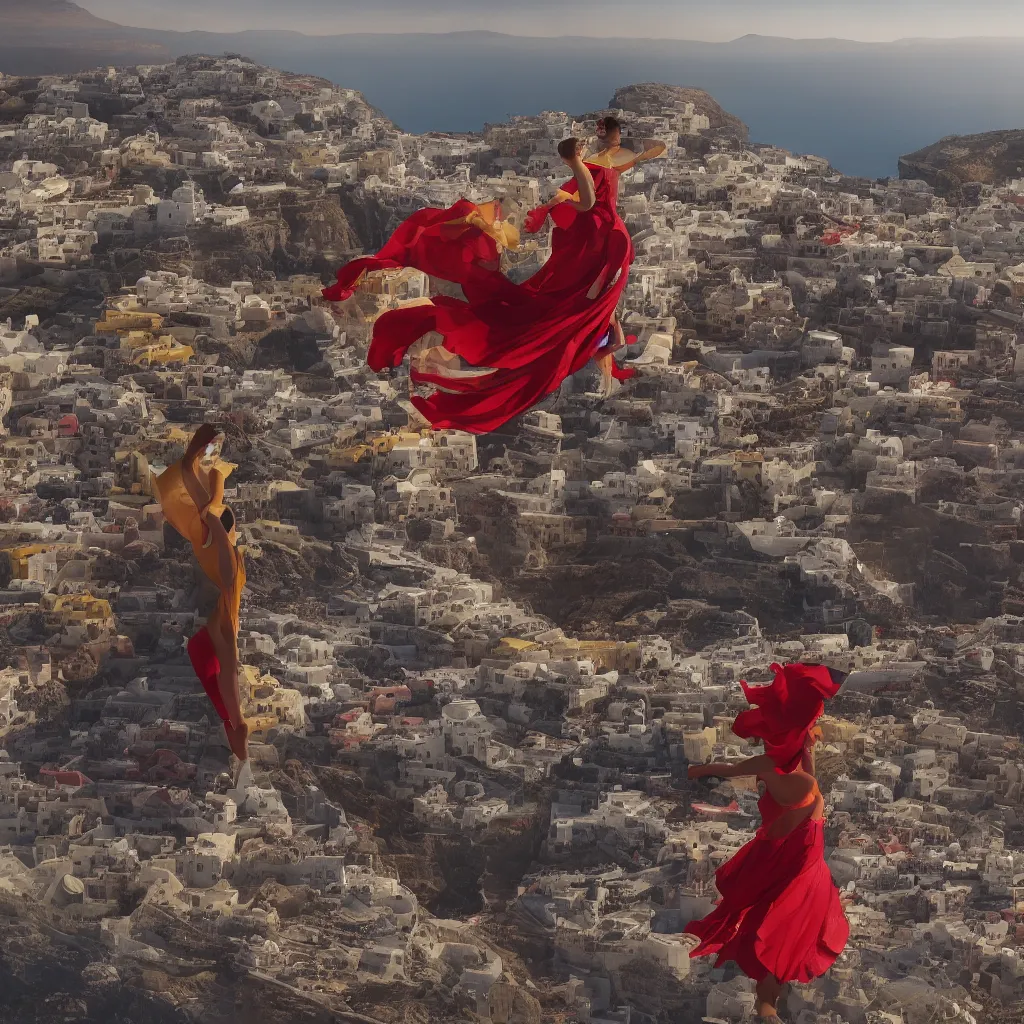 Image similar to beautiful modern dancer wearing a red and yellow and blue swirling dress, standing on a Santorini terrace looking at the ocean, artstation, cinematic, hyperrealistic, octane render, dynamic lighting