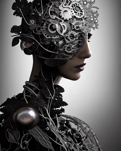 Prompt: monochrome profile portrait painting, silver lace floral steampunk biomechanical beautiful young female cyborg with techno eye, volumetric light, leaves foliage and stems, hibiscus flowers, sinuous fine roots, fine foliage lace, alexander mcqueen, rim light, big gothic fashion pearl embroidered collar, octane render, dutch masters, 8 k