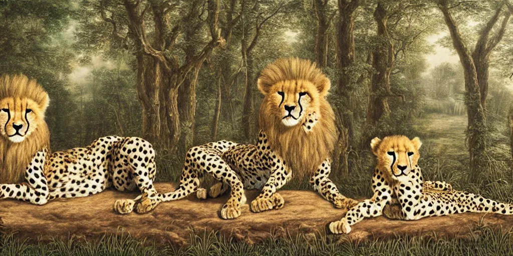 Image similar to cheetah and lion in front of birthday table in fairytale forest , huge scale, high detail, intricate by Jonathan Bentley