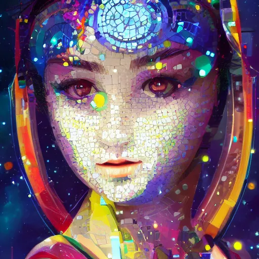 Prompt: mosaic portrait of a beautiful young girl with robot ears falling into the stars by Ross Tran, 4k, intricate details